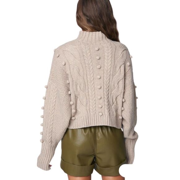 Blank NYC Sweater WMNS XS Beige Crop Cable Knit Mock Neck Pom Pom Holiday 3D - Picture 10 of 13